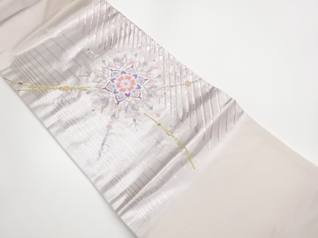JAPANESE KIMONO / PLATINUM FOIL DOUBLE WEAVE FLOWER DESIGN / STRIPED /